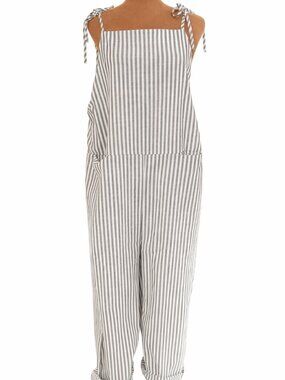 Gray & White Striped Tie‑Strap Overalls | Adjustable | Pockets | 55” Long | Like